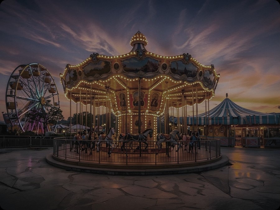 Scene of merry-go-round at amusement park. It looks a bit dull until Auto HDR Remastering spotlights areas to be enhanced for Vibrant Colors, Clearer Details and Bright Highlights. Then it enhances everything, so the scene appears more detailed and lifelike.