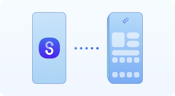 A smartphone device silhouette with Smart Switch icon onscreen is shown transferring data to another compatible smartphone device with multiple data layers.