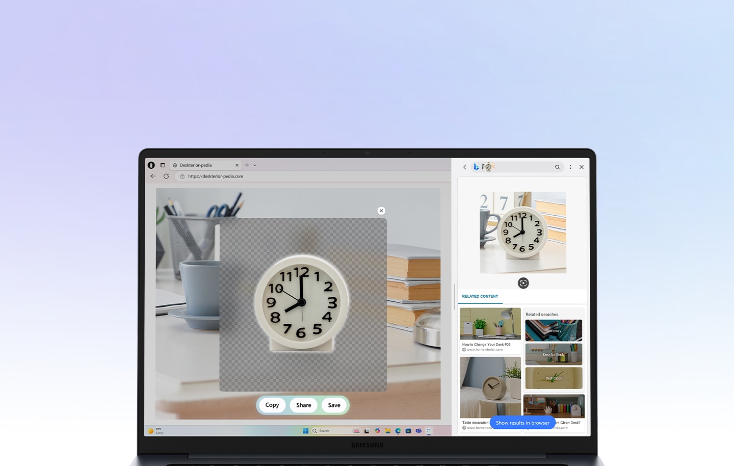 Galaxy Book6 open to a browser page with interior items image results. A pop-up shows an image of a white clock selected with Copy, Share, and Save button options below. Beside it, a cutout of a white clock seen with related results, Show results in browser button is at the bottom.