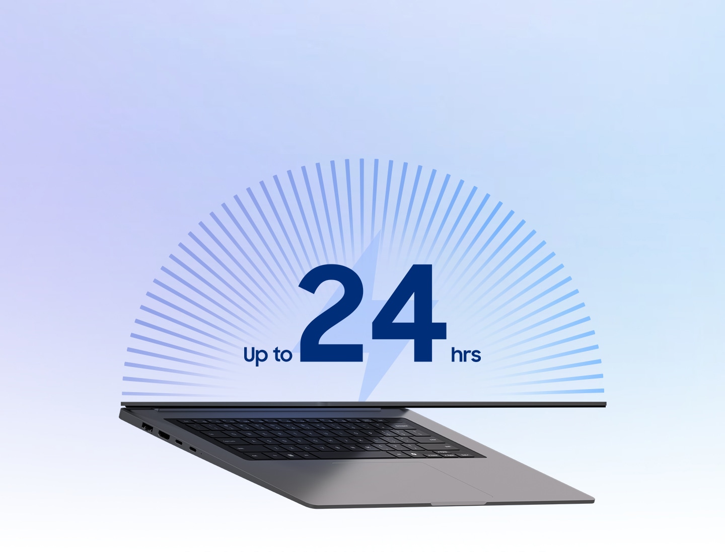 Galaxy Book6 is shown partially open from a slightly elevated angle. A graphic above the device highlights up to 24 hours of battery life.