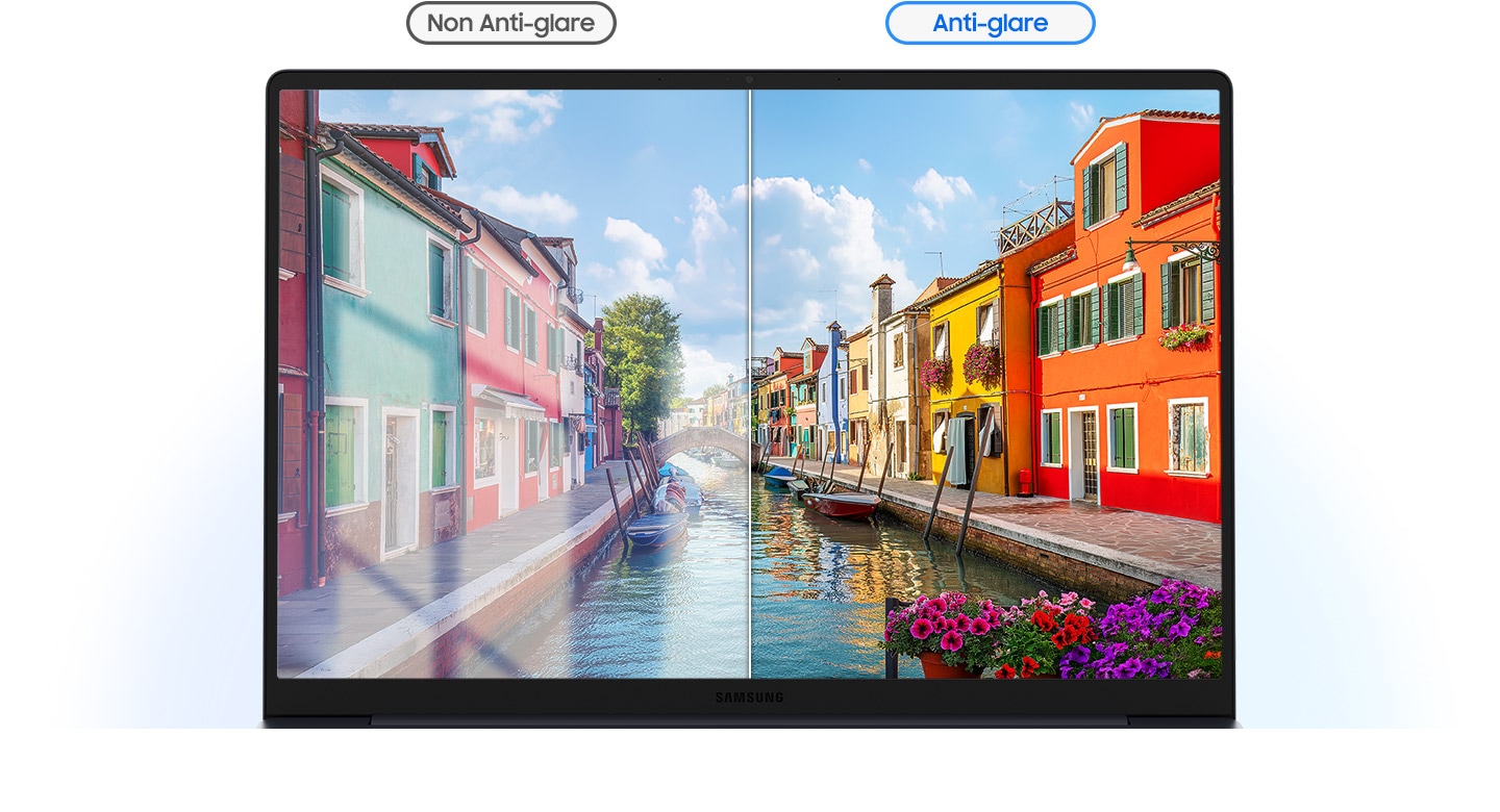 Galaxy Book6 display is shown split in half. On the left is Non Anti-glare, light reflected on the screen. On the right is Anti-glare, showing clear view without any light reflection.