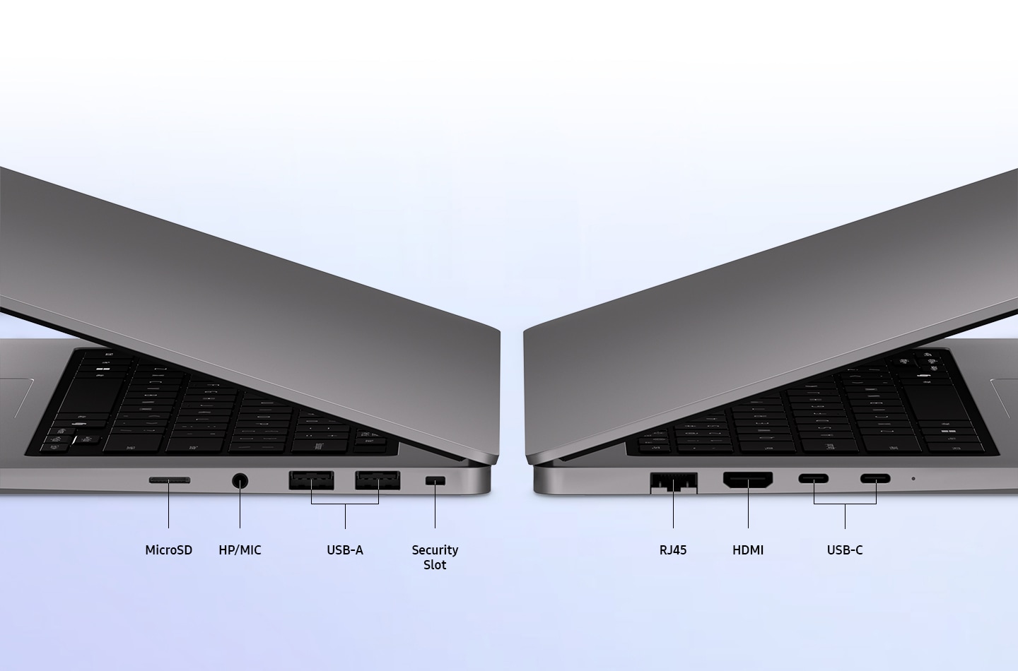 Two Galaxy Book6 devices slightly open are set on the left and right side view to highlight the port layout. Ports are labeled MicroSD, HP/MIC, USB-A, Security Slot, RJ45, HDMI, and two USB-C, highlighting the wide range of connectivity options for accessories, displays, and fast data transfer.