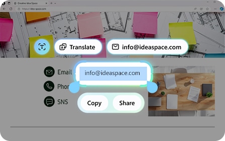A close-up of the Galaxy AI Send email interface on Galaxy Book6 shows an email address highlighted from a webpage. A clickable Send Email button is shown along with the Translate, Copy, and Share buttons.