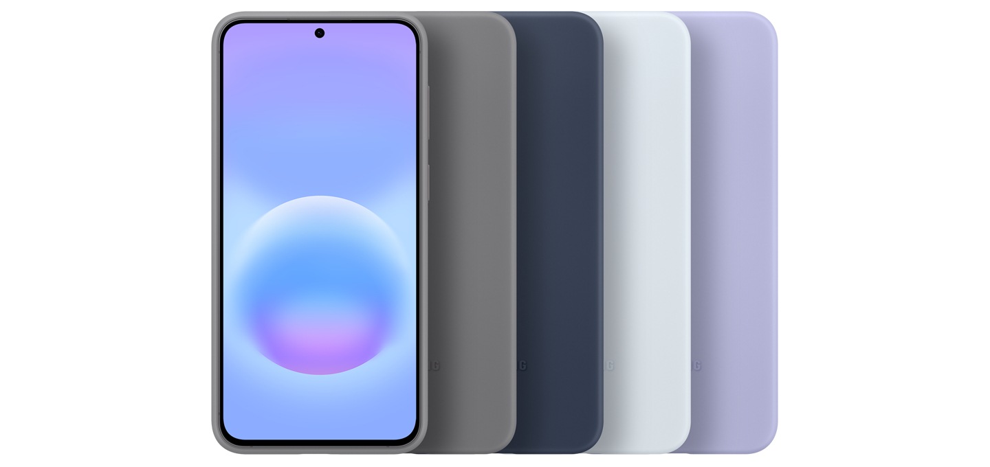 On the left Samsung Galaxy A57 5G device stands with its screen facing forward and four Samsung Galaxy A57 5G devices are arranged side by side, each slightly overlapping the one to its left. The colors from left to right are Gray, Dark Blue, Light Blue and Violet.