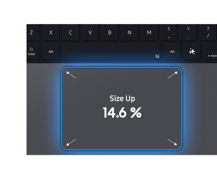 The lower part of Galaxy Tab S11 Ultra Pro Keyboard, including its trackpad, is shown from the top. Trackpad 'Size Up 14.6%'.