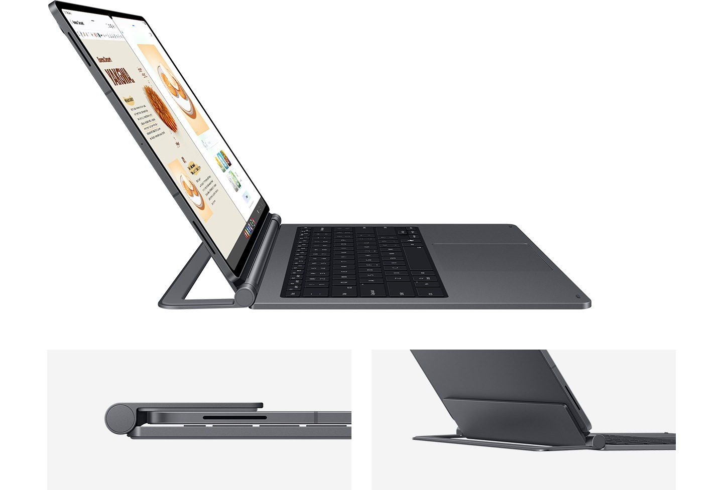 Installed to a Galaxy Tab on a desk, Galaxy Tab S11 Ultra Pro Keyboard is shown from the side. The hinge part of the keyboard and tablet is shown in two ways. One shows the tablet closed from the side, the other shows the tablet open from its backside.