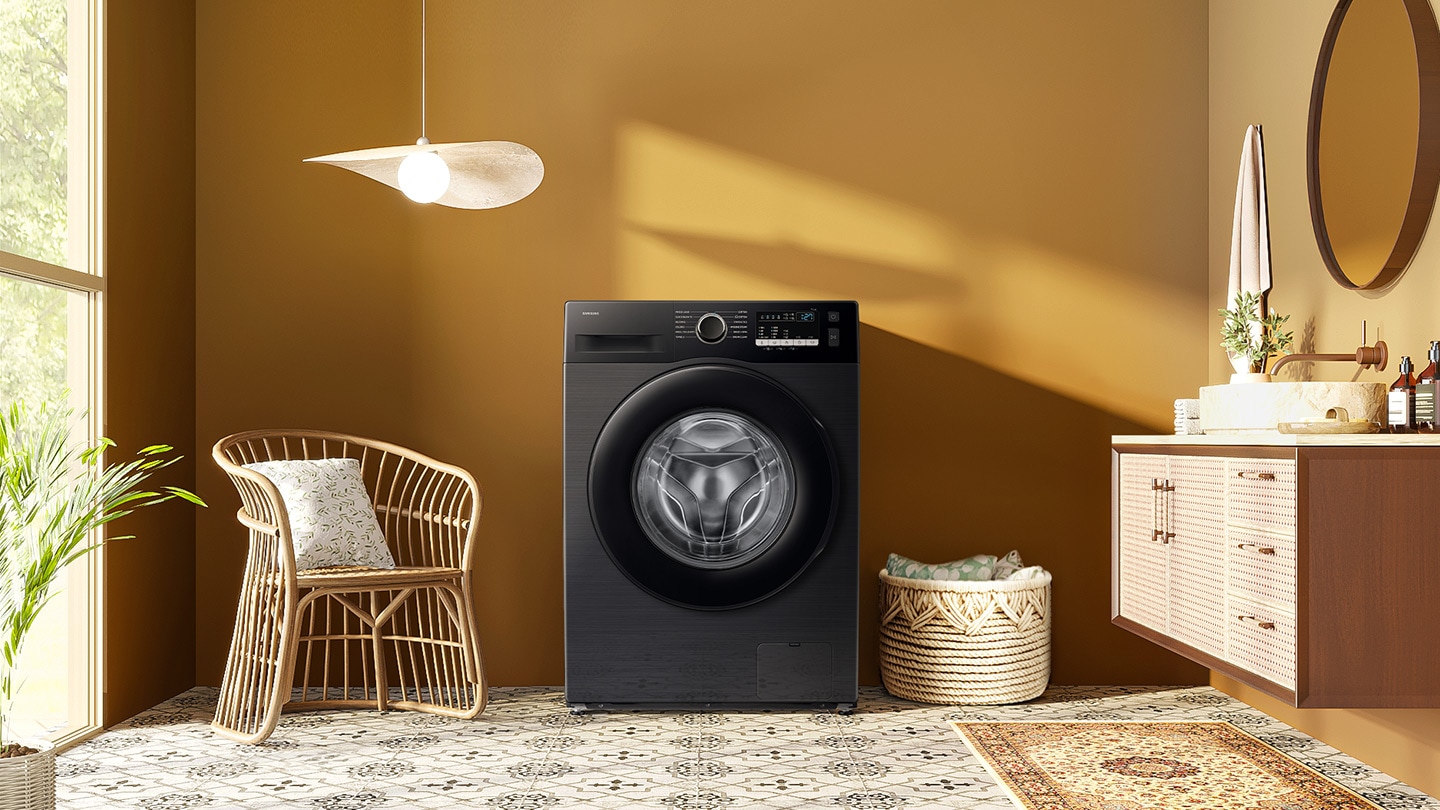 The washer is installed in a laundry room.