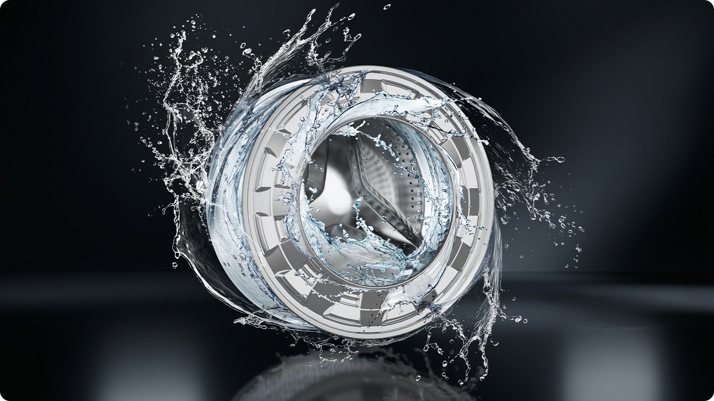The washer drum is surrounded by clean water and water jets are cleaning the inside.