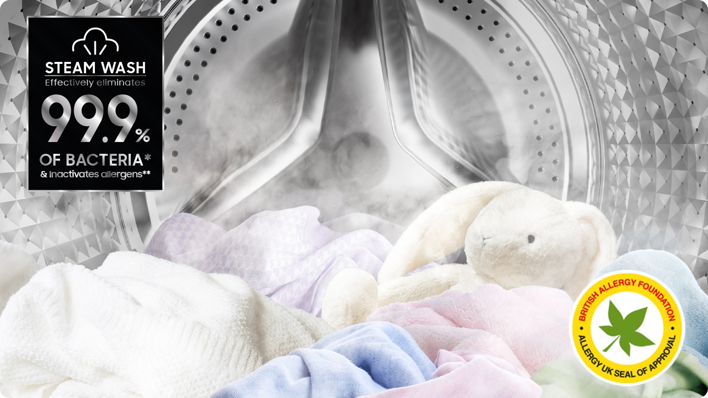 A close-up of towels, clothes, and a bunny doll inside the washer drum, surrounded by steam. Steam Wash effectively eliminates 99.9% of bacteria* & inactivates allergens**. Steam wash certified by BRITISH ALLERGY FOUNDATION and ALLERGY UK SEAL OF APPROVAL is shown in right bottom.