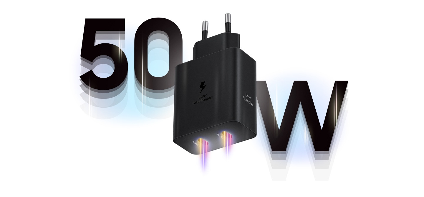 Um adaptador de energia preto de 50 W está com os pinos voltados para cima, como se estivesse se movendo para cima, ilustrando o carregamento super-rápido.