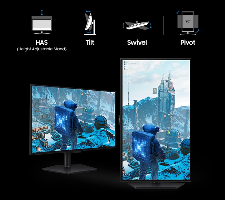 A horizontal screen and a vertical screen show a character looking at the enemy base. HAS (Height Adjustable Stand), Tilt, Swivel, Pivot.