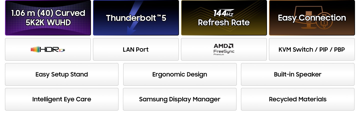 The features of the ViewFinity S8 S85TH are listed below. 40" Curved 5K2K WUHD, Thunderbolt™5, 144Hz Refresh Rate, and Easy Connection on the top. HDR10+, LAN Port, AMD FreeSync, and KVM/ PIP / PBP. Easy Setup Stand, Ergonomic Design, and Built-in Speaker. Intelligent Eye Care, Samsung Display Manager, and Recycled Materials.