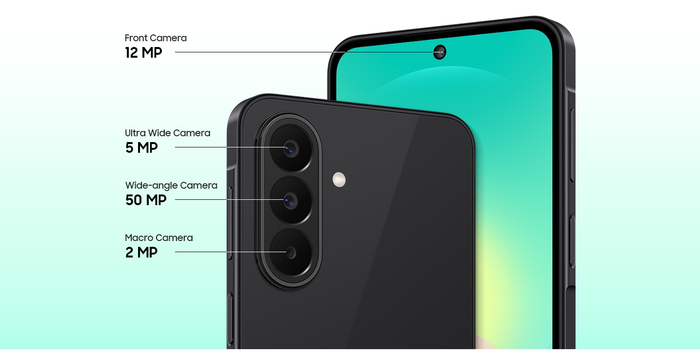 Close-up of the Triple Camera system on the back of Galaxy A27 5G in Black and a close-up of the Front Camera. Galaxy A27 5G is equipped with a 50 MP Wide-angle Camera, 5 MP Ultra Wide Camera and 2 MP Macro Camera on the back, and a 12 MP Front Camera.