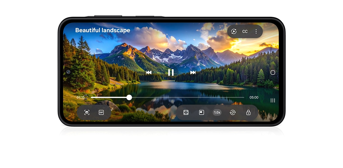 Galaxy A27 5G's 16.91 cm display shows a video of a natural landscape with mountains and a river in bright, high clarity. Moving clouds are reflected on the river below.