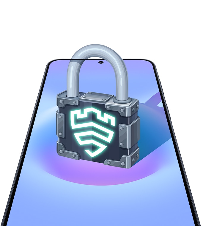 Galaxy A27 5G shown facing forward in portrait mode with Samsung Knox Vault icon in a padlock shown onscreen, signifying the embedded Samsung Knox protection for privacy and data safety.