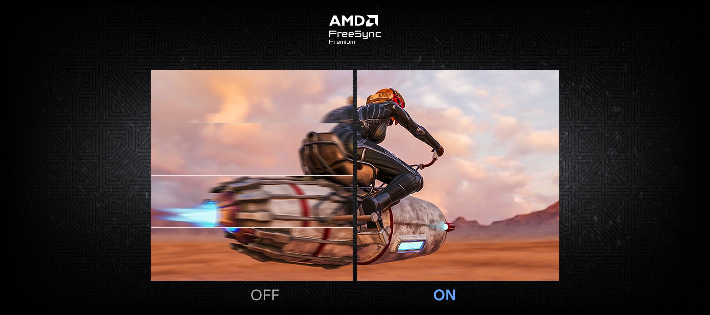 Two screens show a player riding a hovercraft in the desert. The image labeled ON is clearer than the image labeled OFF. AMD FreeSync Premium logo.