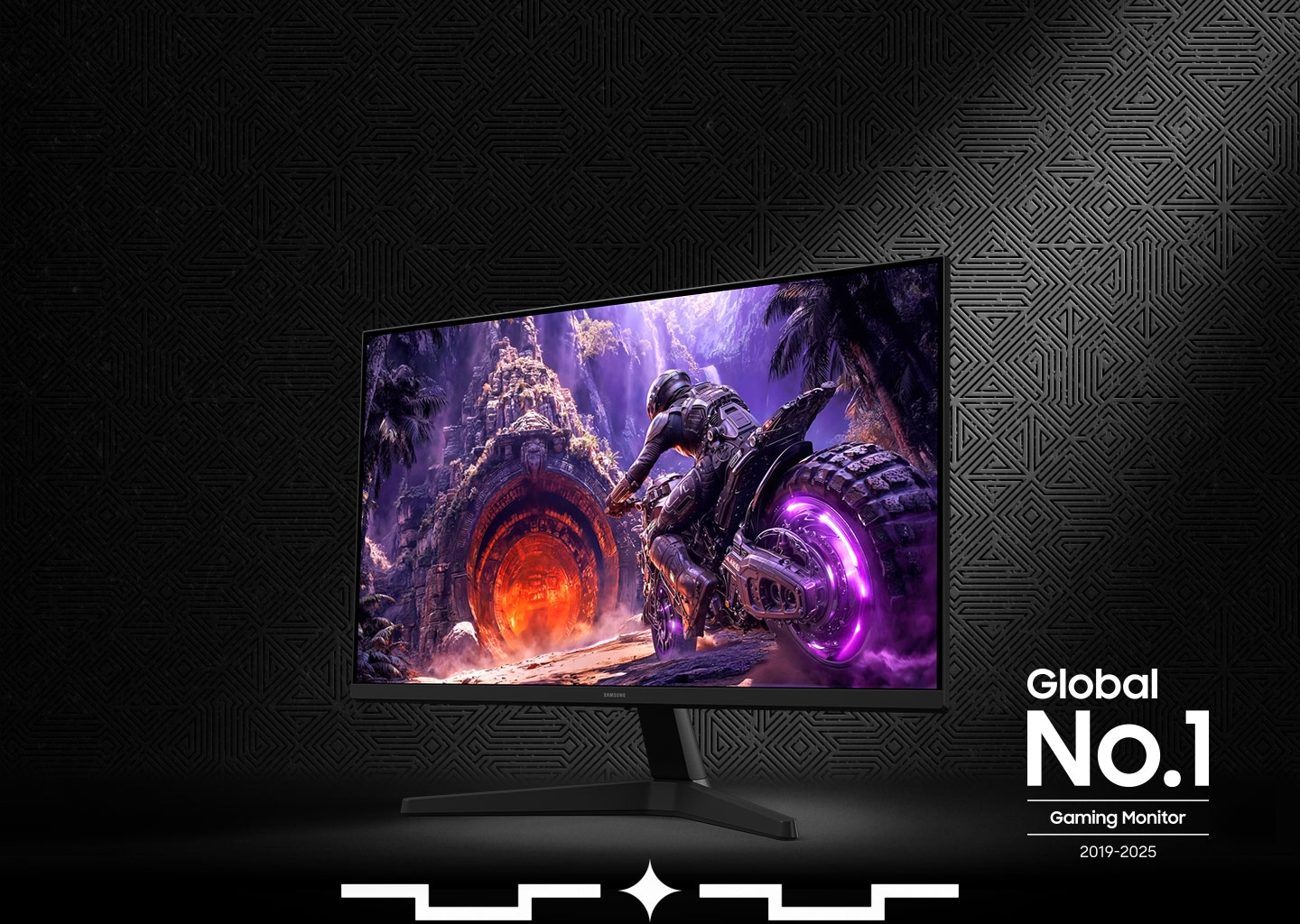 An Odyssey G30H monitor displays a character on a motorcycle waiting in front of a tunnel. Global No.1 Gaming Monitor 2019-2025 logo.