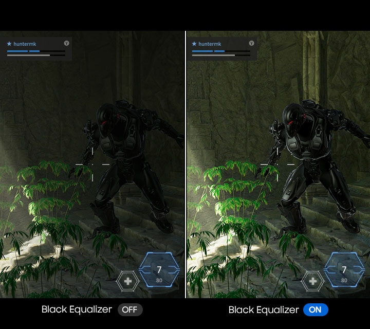 Side-by-side comparison of Black Equalizer feature in a game scene. Left image with Black Equalizer OFF shows a dark robotic character in shadows, while the right image with Black Equalizer ON reveals clearer details of the character and surrounding plants.