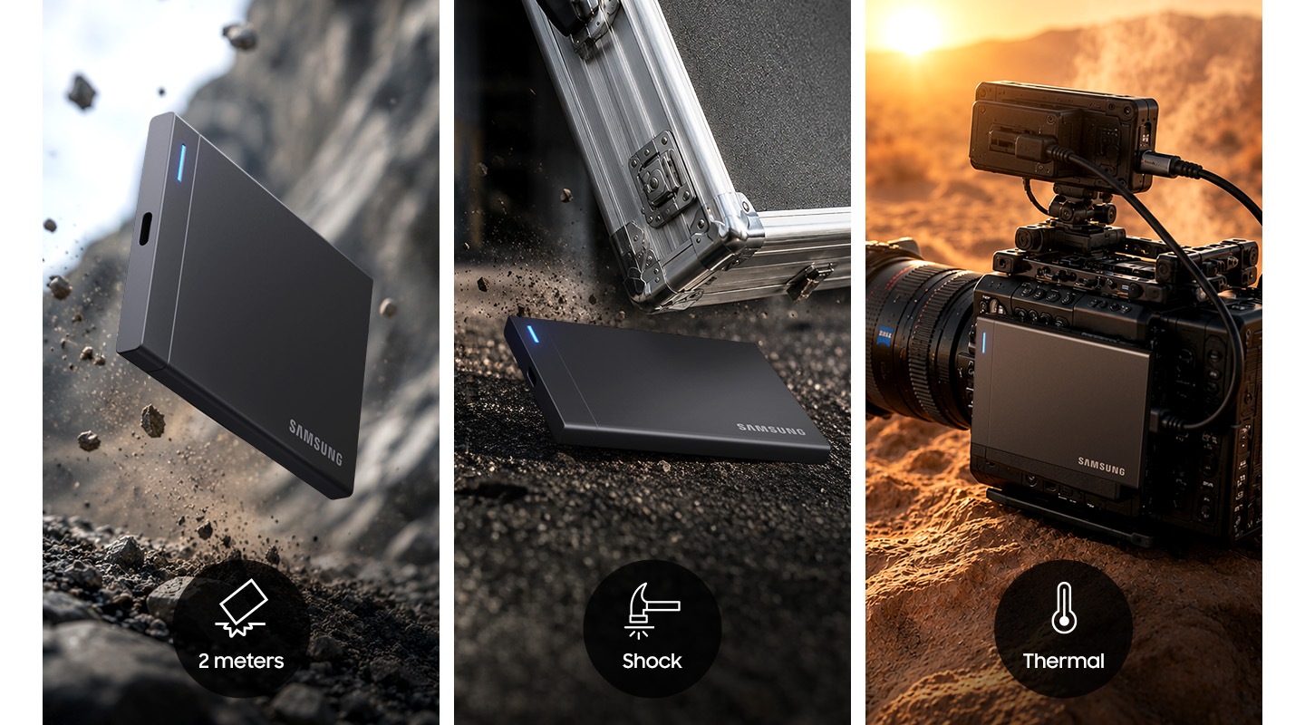 Three durability scenarios for the P9 are shown. First, the P9 dropping to the ground with '2 meters' text and icon. Second, a metal briefcase falling onto the P9 with 'Shock' text and icon. Third, the P9 attached to a video camera under hot sunlight with 'Thermal' text and icon.