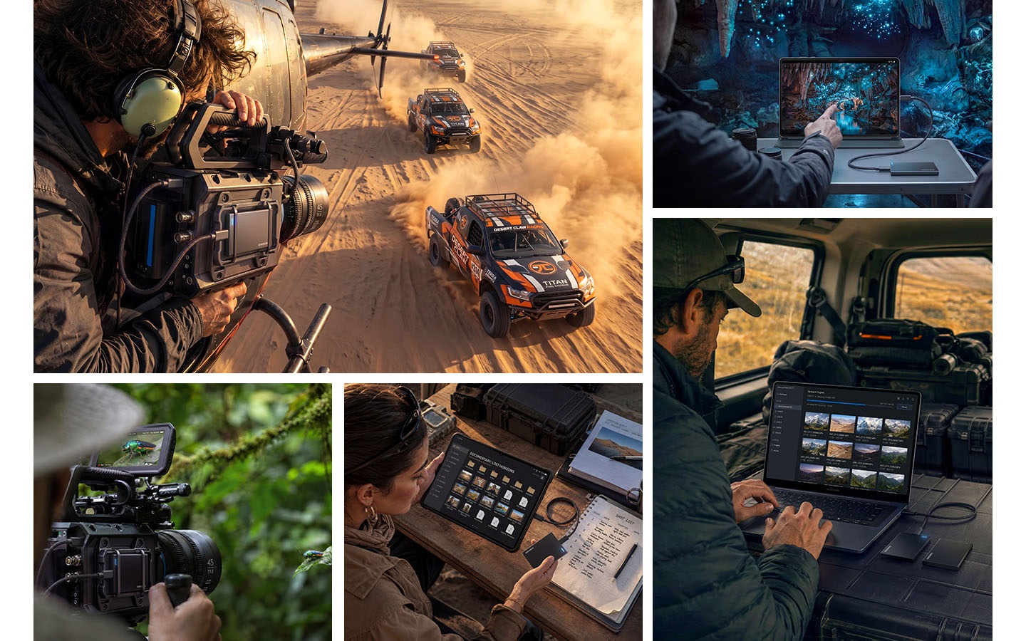 Five split screens show various use cases of the P9 Portable SSD. First, a camera mounted with a P9 films racing cars. Second, a monitoring device connected to a P9 records inside a cave. Third, a camera with a P9 captures macro shots of insects. Fourth, a tablet is connected to a P9 to transfer captured data. Fifth, a laptop is connected to a P9 to transfer captured data.