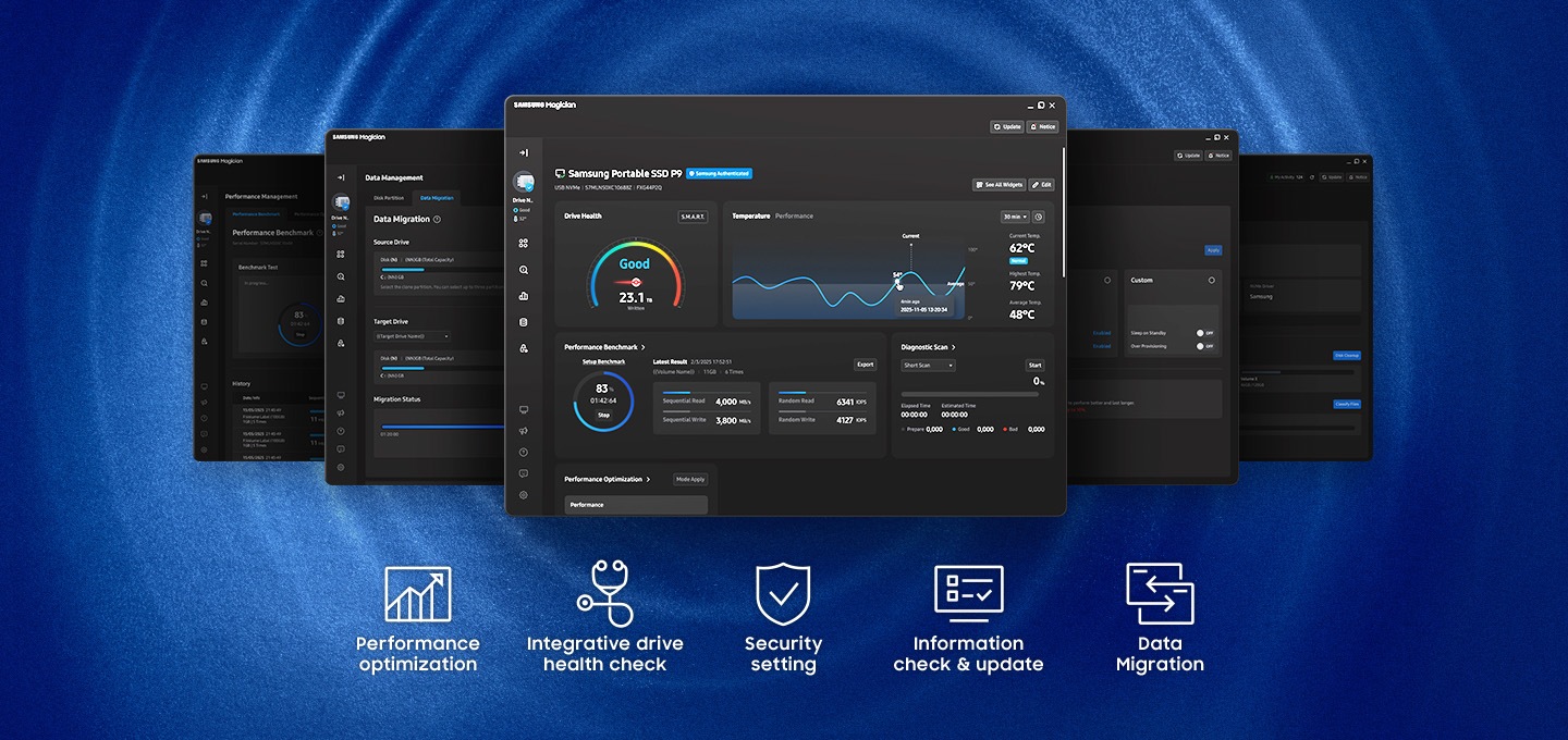 The Samsung Magician software UI appears and at the bottom is the performace optimization, integrative drive health check, security setting, information check & update, and Data migration logo.