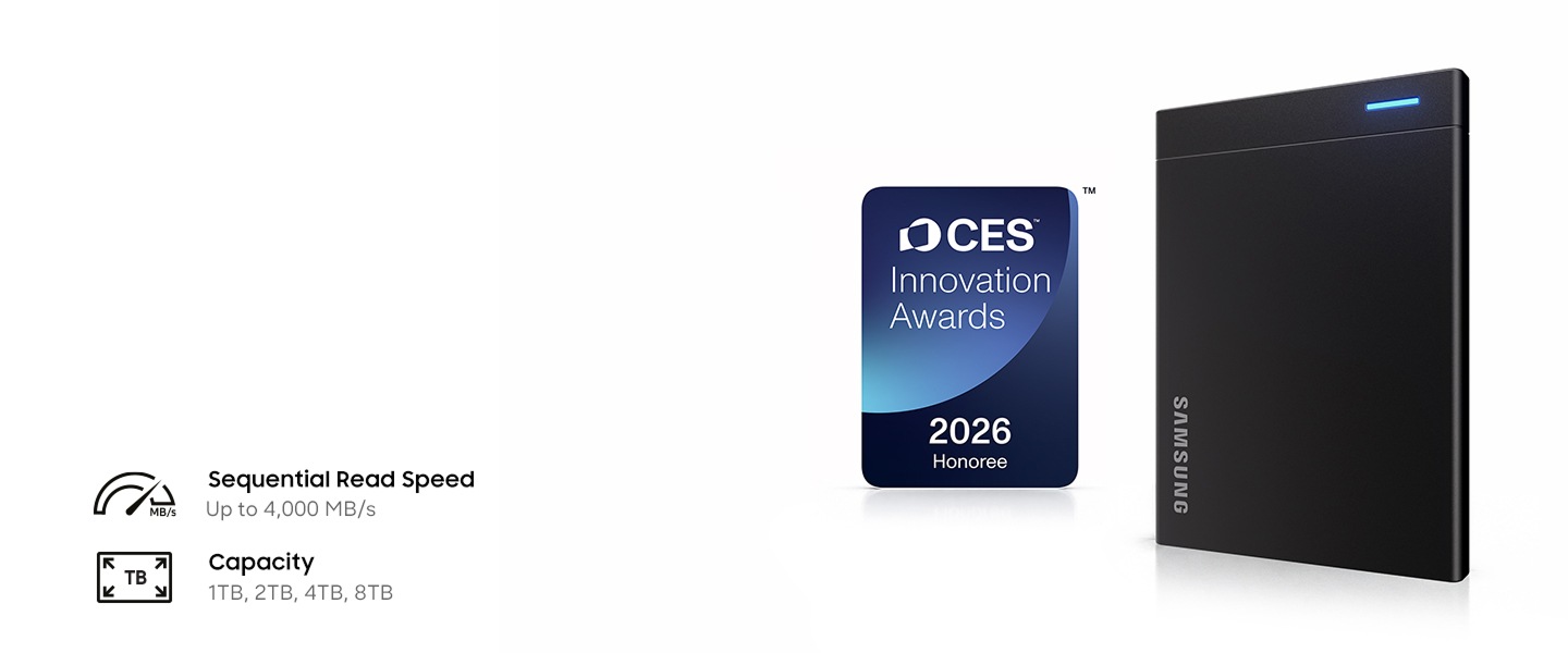 The P9 portable SSD is displayed next to the 'CES™ Innovation Awards 2026 Honoree' logo, featuring text that reads 'Sequential Read Speed Up to 4,000 MB/s' and 'Capacity 1TB, 2TB, 4TB, 8TB'.
