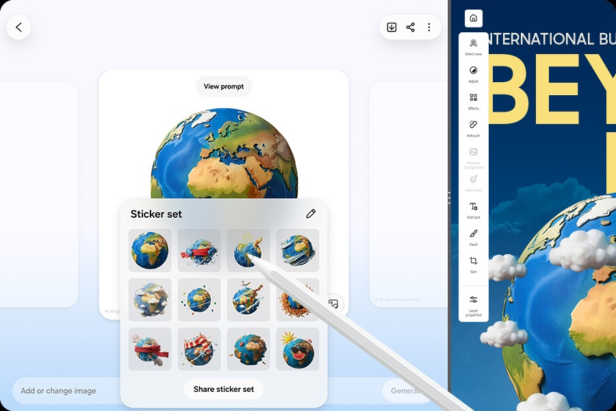 Creative Studio open on Galaxy Tab S12 Plus, displaying an illustration of the Earth in the center. A Sticker set is created using the illustration and the S Pen is pointing to one of the stickers.