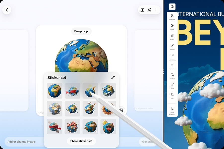 Creative Studio open on Galaxy Tab S12 Ultra, displaying an illustration of the Earth in the center. A Sticker set is created using the illustration and the S Pen is pointing to one of the stickers.