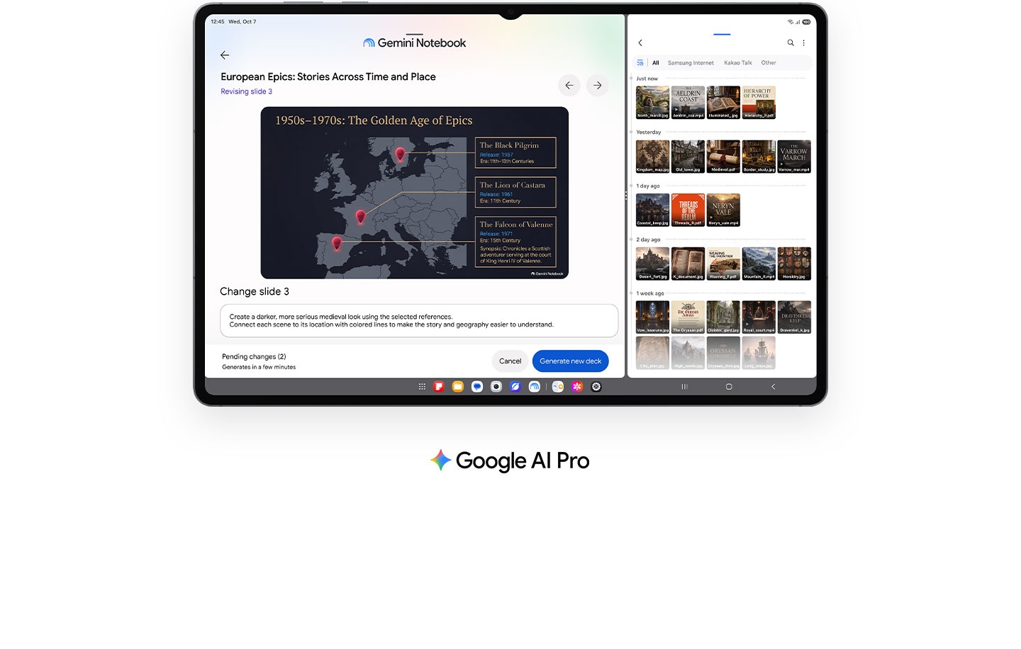 Galaxy Tab S12 Ultra in landscape mode with Gemini Notebook open on the left side of the screen and an AI prompt being used to generate and edit a Slide Deck on the topic of medieval history. On the right side of the screen, various file thumbnails are shown in the Files app, which can be uploaded into Gemini Notebook to create content. Google AI Pro logo.