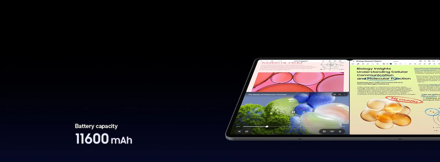 Galaxy Tab S12 Ultra displaying a three-way split window view with different studying materials to emphasize the long-lasting battery. Battery capacity is 11600 mAh.
