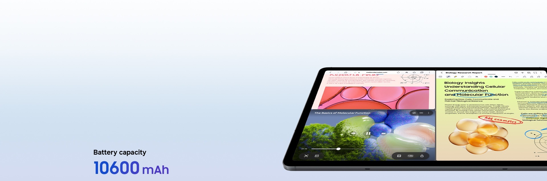 Galaxy Tab S12 Plus displaying a three-way split window view with different studying materials to emphasize the long-lasting battery. Battery capacity is 10600 mAh.