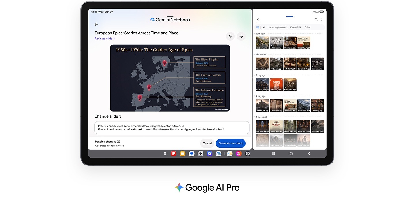 Galaxy Tab S12 Plus in landscape mode with Gemini Notebook open on the left side of the screen and an AI prompt being used to generate and edit a Slide Deck on the topic of medieval history. On the right side of the screen, various file thumbnails are shown in the Files app, which can be uploaded into Gemini Notebook to create content. Google AI Pro logo.