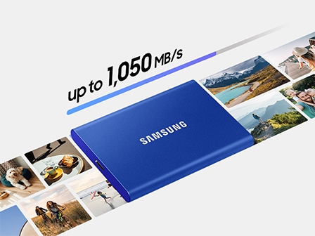 "Various photos are listed around Samsung T7, It says ""up to 1,050 MB/s"" on it."