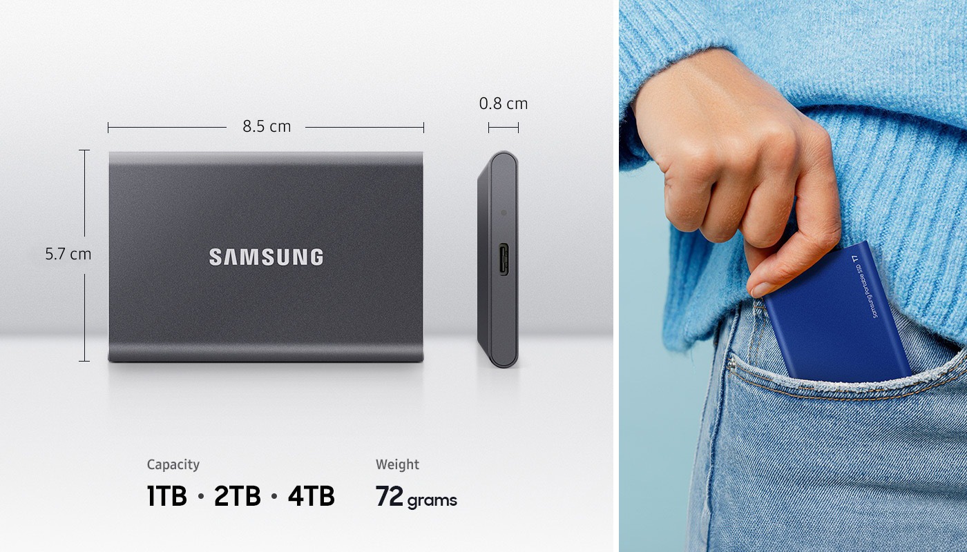 The right area shows an example of using the Samsung T7 in a trouser pocket.