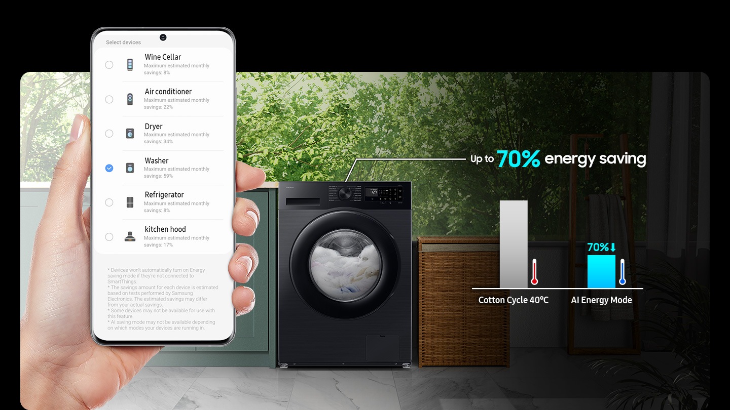 AI ​​Energy Mode is activated by checking the mode button to 'On' and selecting the device you want to run on Smartphone. It does energy saving up to 70% more than the Cotton Cycle 40 degrees.