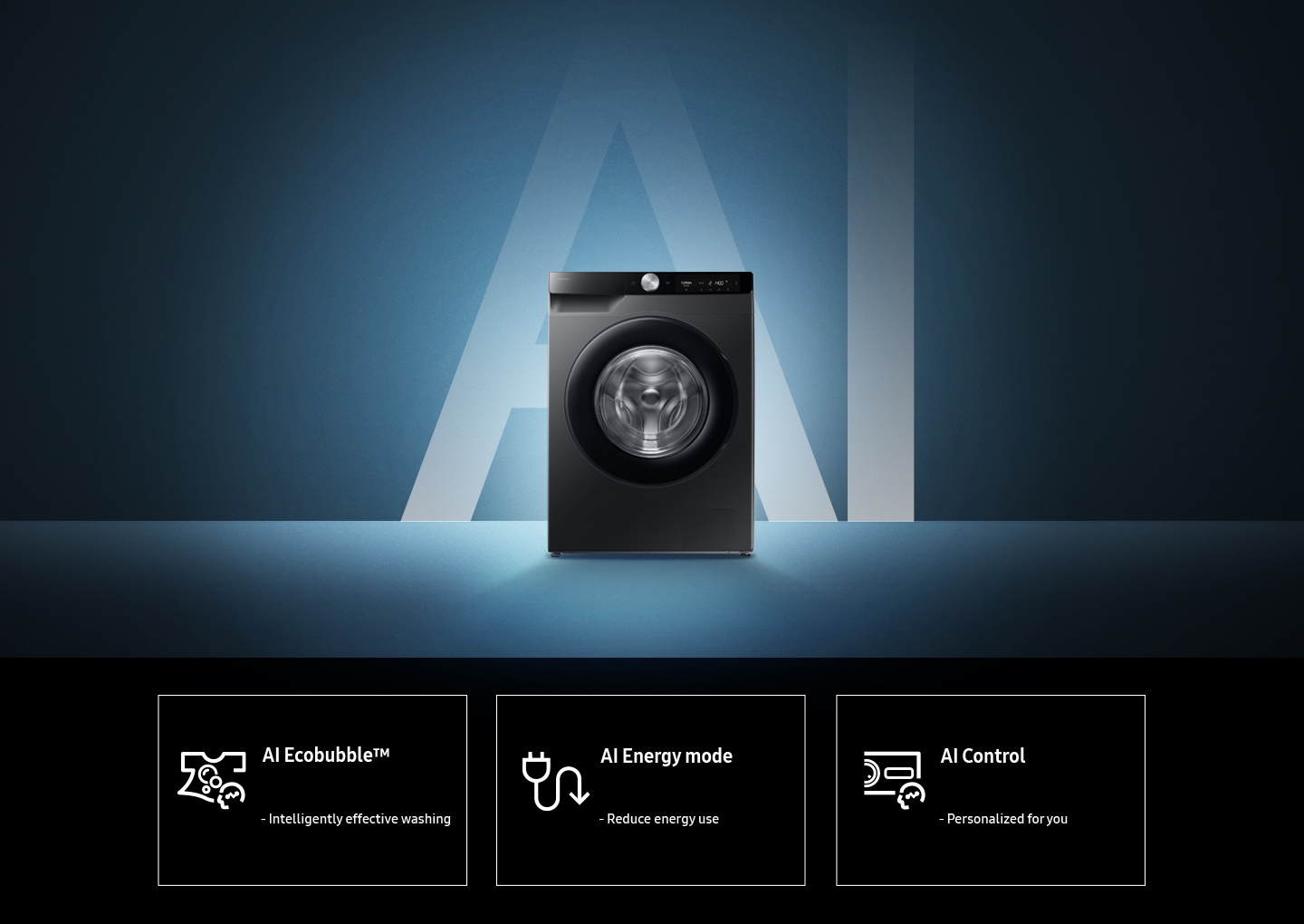 WW6000D is standing. AI Ecobubble™ : Intelligently effective washing, AI Energy Mode : Reduce energy use, AI Control : Personalized for you. These features are shown in icons.