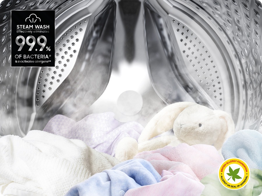 Steam is dispersed inside the washing machine door to remove allergens and bacteria. Steam Wash effectively eliminates up to 99.9% of bacteria* & inactivates allergens**. Steam wash certified by BRITISH ALLERGY FOUNDATION and ALLERGY UK SEAL OF APPROVAL is shown in right bottom.