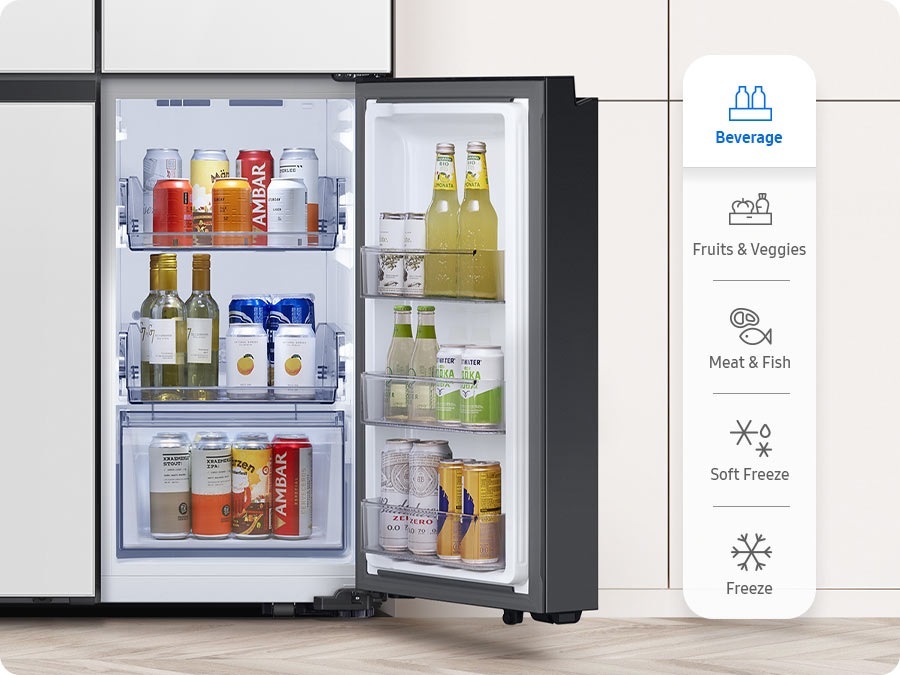 There is a closeup of the Flex Zone with five modes: Beverages, Fruits & Veggies, Meat & Fish, Soft Freeze, and Freeze. As the mode switches, the shelves get filled with beverages, then with vegetables and sauces, then with meat, demonstrating different ways to organize food.