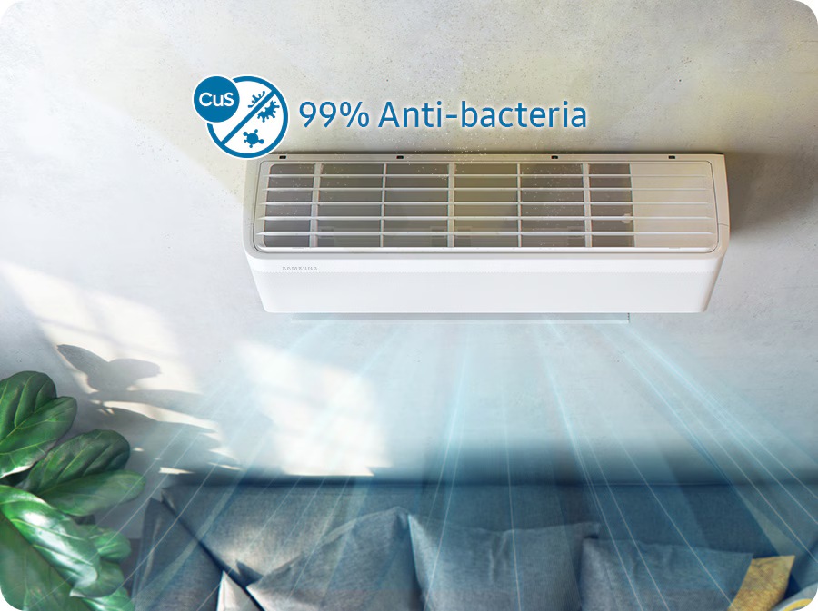 Shows the Copper Anti-bacterial Filter on the top of the air conditioner helps eliminate up to 99% of airborne bacteria with CuS.