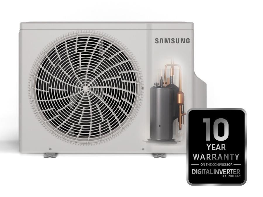 The compressor inside the outdoor unit is shown, and a warranty mark that says '10-year warranty - on the compressor - Digital inverter technology' is shown in front of it.