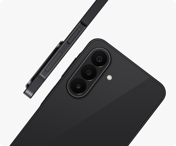 Galaxy A27 5G in Black is seen at an angle from the back, highlighting the camera bump with the Triple Camera. Another Galaxy A27 5G in Black is shown from the side view, highlighting the slim design.
