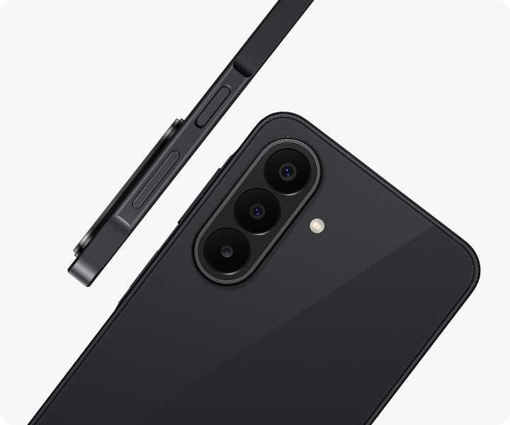 Galaxy A27 5G in Black is seen at an angle from the back, highlighting the camera bump with the Triple Camera. Another Galaxy A27 5G in Black is shown from the side view, highlighting the slim design.