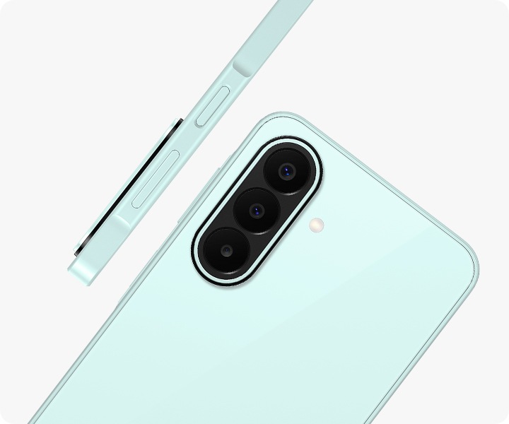 Galaxy A27 5G in Light Green is seen at an angle from the back, highlighting the camera bump with the Triple Camera. Another Galaxy A27 5G in Light Green is shown from the side view, highlighting the slim design.