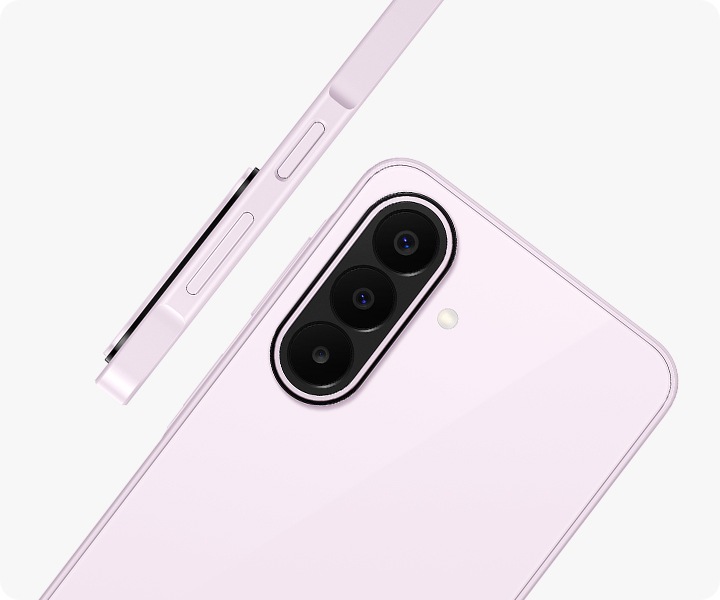 Galaxy A27 5G in Light Pink is seen at an angle from the back, highlighting the camera bump with the Triple Camera. Another Galaxy A27 5G in Light Pink is shown from the side view, highlighting the slim design.