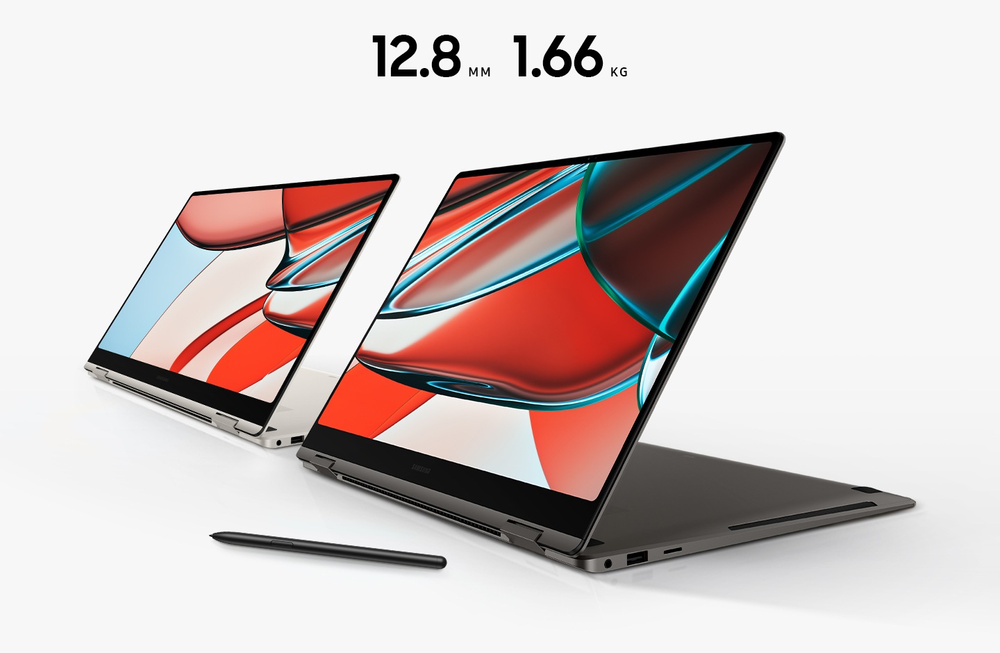 One beige-coloured and one graphite-coloured Galaxy Book3 Pro 360 devices are next to each other. Both are folded slightly back, with red and blue wallpaper onscreen. An S Pen is on the floor. "12.8mm, 1.71kg, 5G"and "12.8mm, 1.66kg, Wi-Fi".