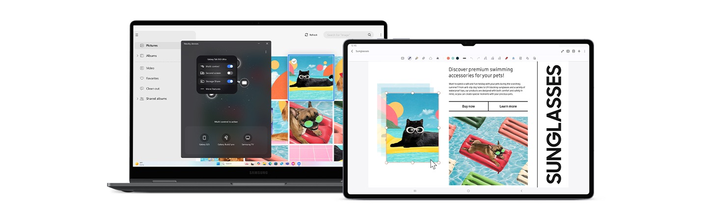 Galaxy Book5 360 and Galaxy Tab S10 Ultra placed next to each other and paired through the Nearby devices menu on the laptop screen. Multi Control is used between the devices to copy an image from Galaxy Book5 360 and paste it onto a note open in Samsung Notes app on Galaxy Tab S10 Ultra.