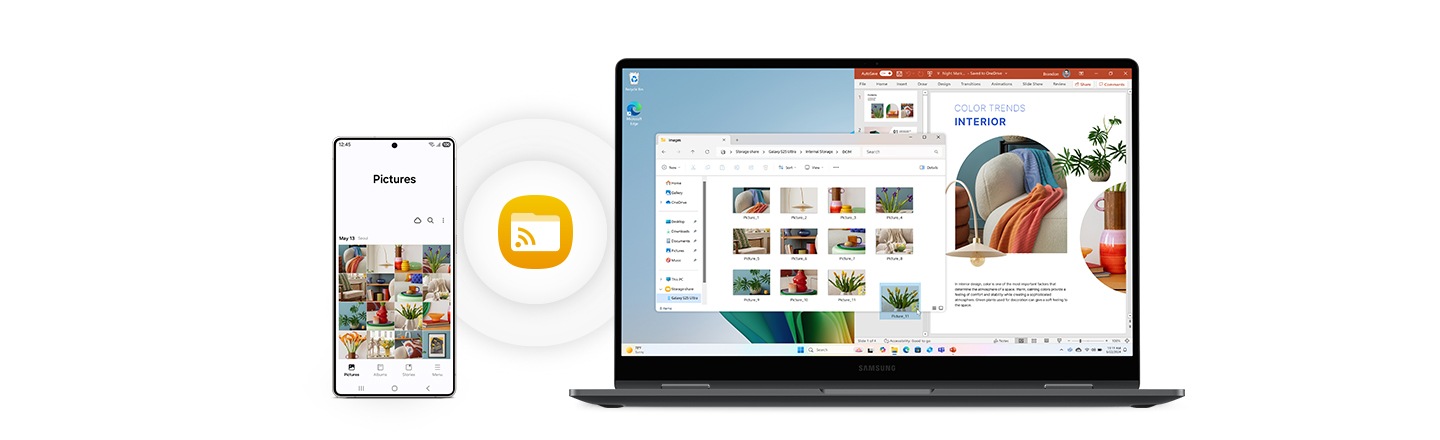 Galaxy Book5 360 and Galaxy S25 Ultra placed next to each other and Storage Share icon shown. Images stored on Galaxy S25 Ultra are accessed on Galaxy Book5 360 via Storage Share and one of the images is imported into a presentation file.