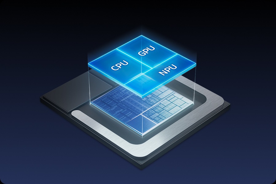 The grid of the chipset on Galaxy Book5 Pro 360 containing the CPU, GPU and NPU is shown.