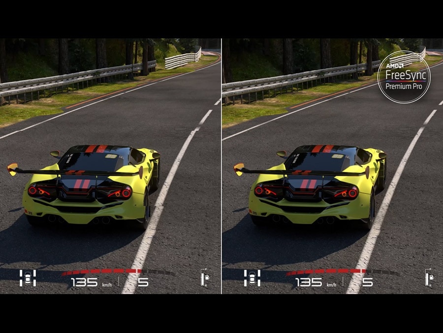 A comparison of the same 2 cars in motion are on display. The left side has a lot of stutter while the rightside runs smoothly. The AMD FreeSync Premium Pro logo is on the upper righthand side.