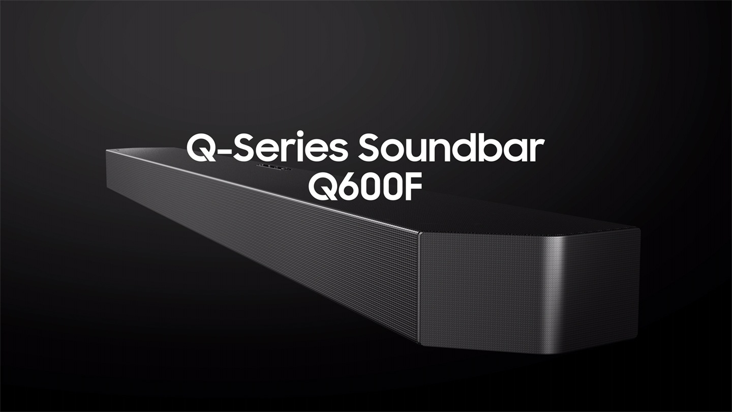 Close-up of Q-Series Soundbar Q600F. Zoom out to Q600F below TV in a room. Q600F inner components show how True 3.1.2ch sound is created. Captivating sound from above, with 2 upfiring channels. Inner components are shown on the wireless subwoofer included. Soundwaves play from subwoofer. Soundwaves coming from the soundbar and subwoofer play in various directions to show Dolby Atmos DTS Virtual:X with Dolby Atmos DTS logo. TV and soundbar linked by cable. Captivating audio technology. TV & Soundbar speakers work together in perfect harmony with Q-Symphony. Lights show SpaceFit Sound Pro analyzes the room for stunning sound automatically tuned and calibrated for your space. Soundwaves in different shapes appear to show how Adaptive Sound plays sound and dialogue optimized for your content, like Sports, Movie, Speech and Music. Q600F setup with TV. Samsung logo.